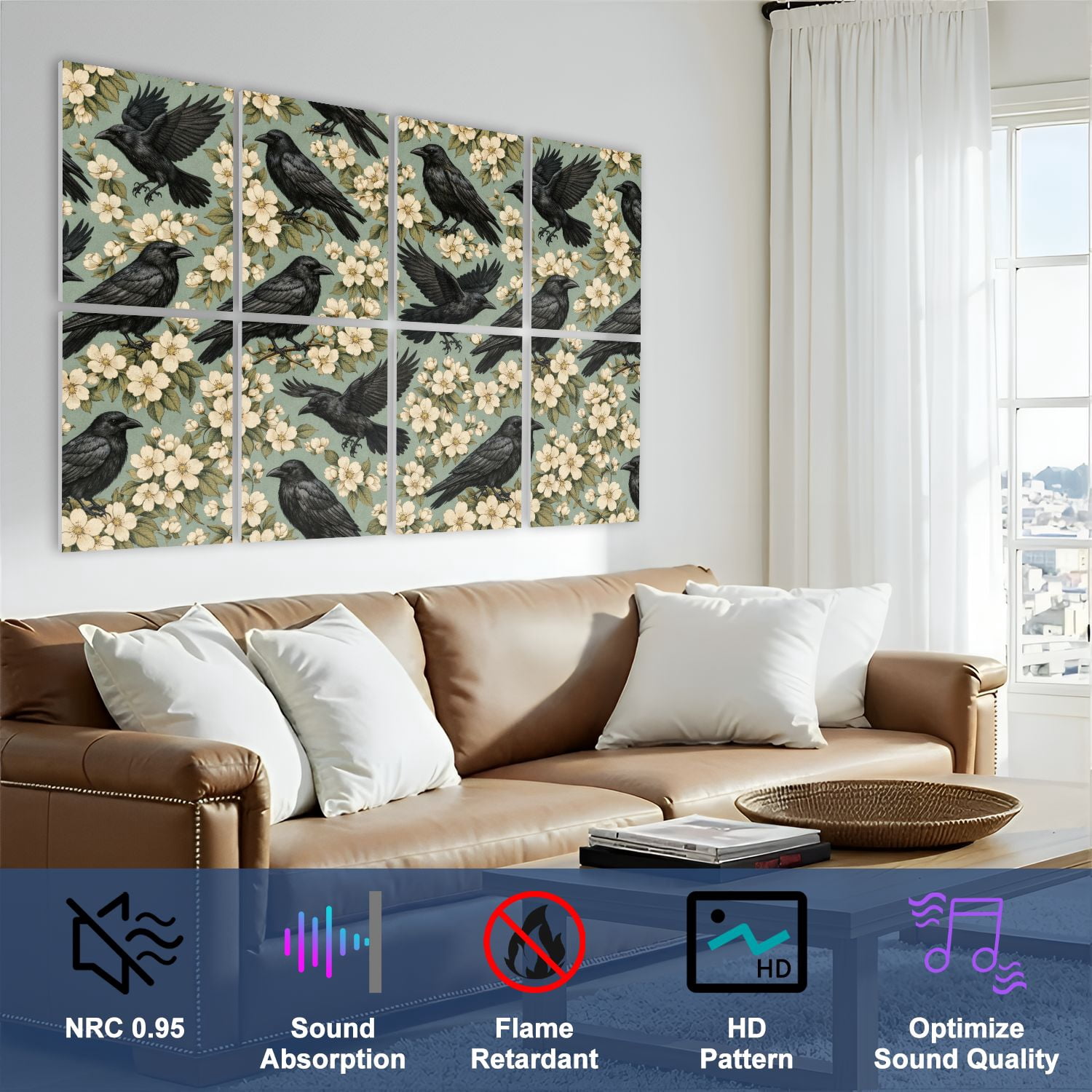 8 Pack Art Acoustic Panels Black Birds Perching Floral Green Self Adhesive Absorbing Dampening Panels Self Adhesive for Nursery Game Room Bedroom 48"x32"