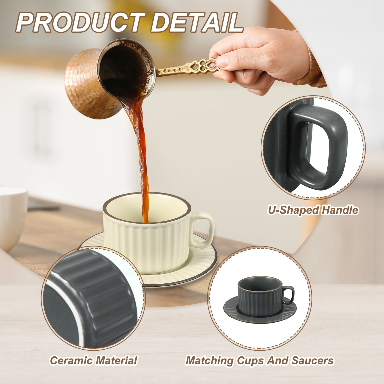 Uxcell Handmade Vintage Espresso Cups, 8 oz Coffee Cups and Saucers Ceramic Tea Cup with Handle Dishwasher and Microwave Safe for Latte Cappuccino Milk Office Home Gifts, Gray