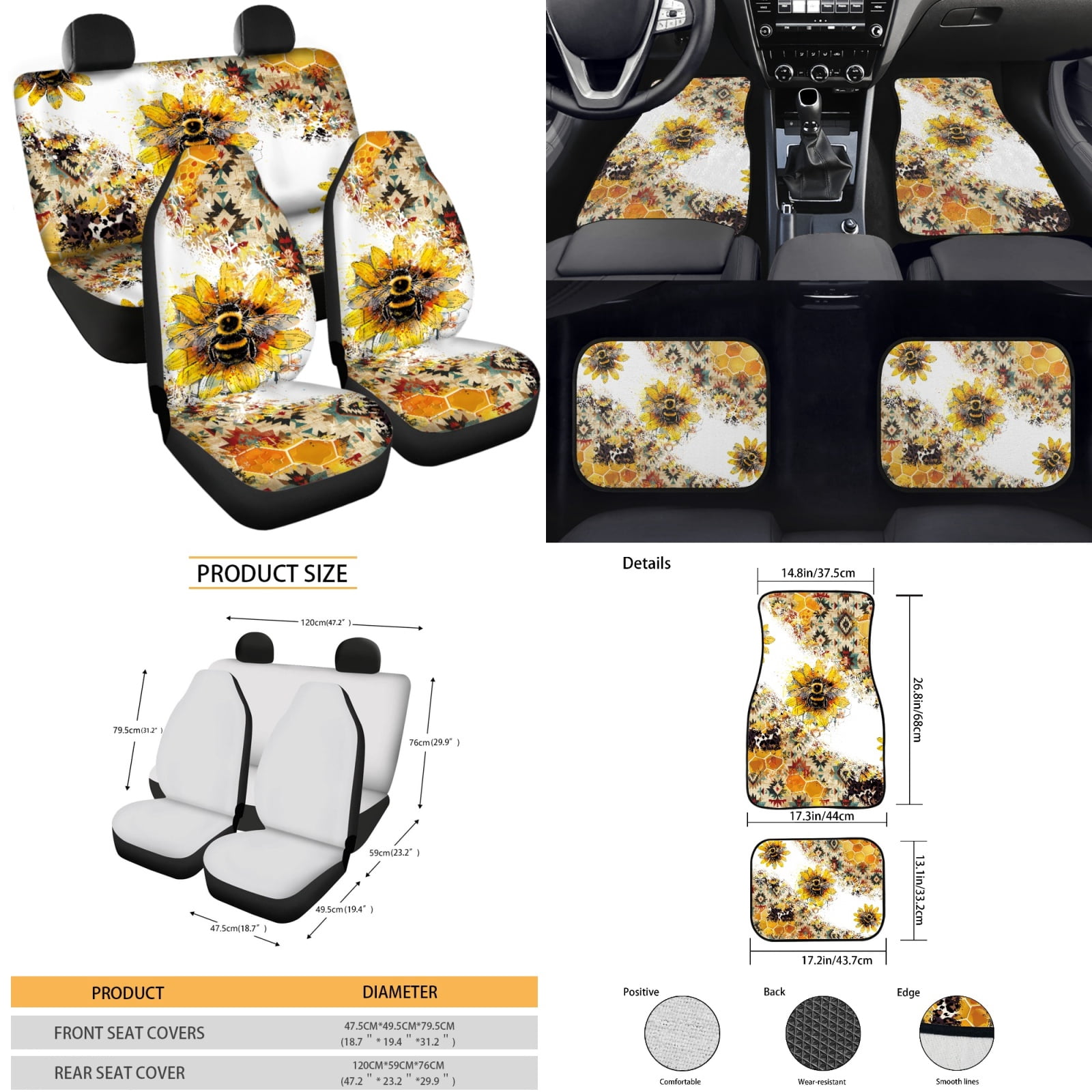 Yuyamidu Bee Car Seat Cover Set of 15 Yellow Sunflower Auto Carpet Mats Steering Wheel Cover Seat Belt Pad Car Gear Shift Cover Rearview Mirror Cover for Truck Sedan