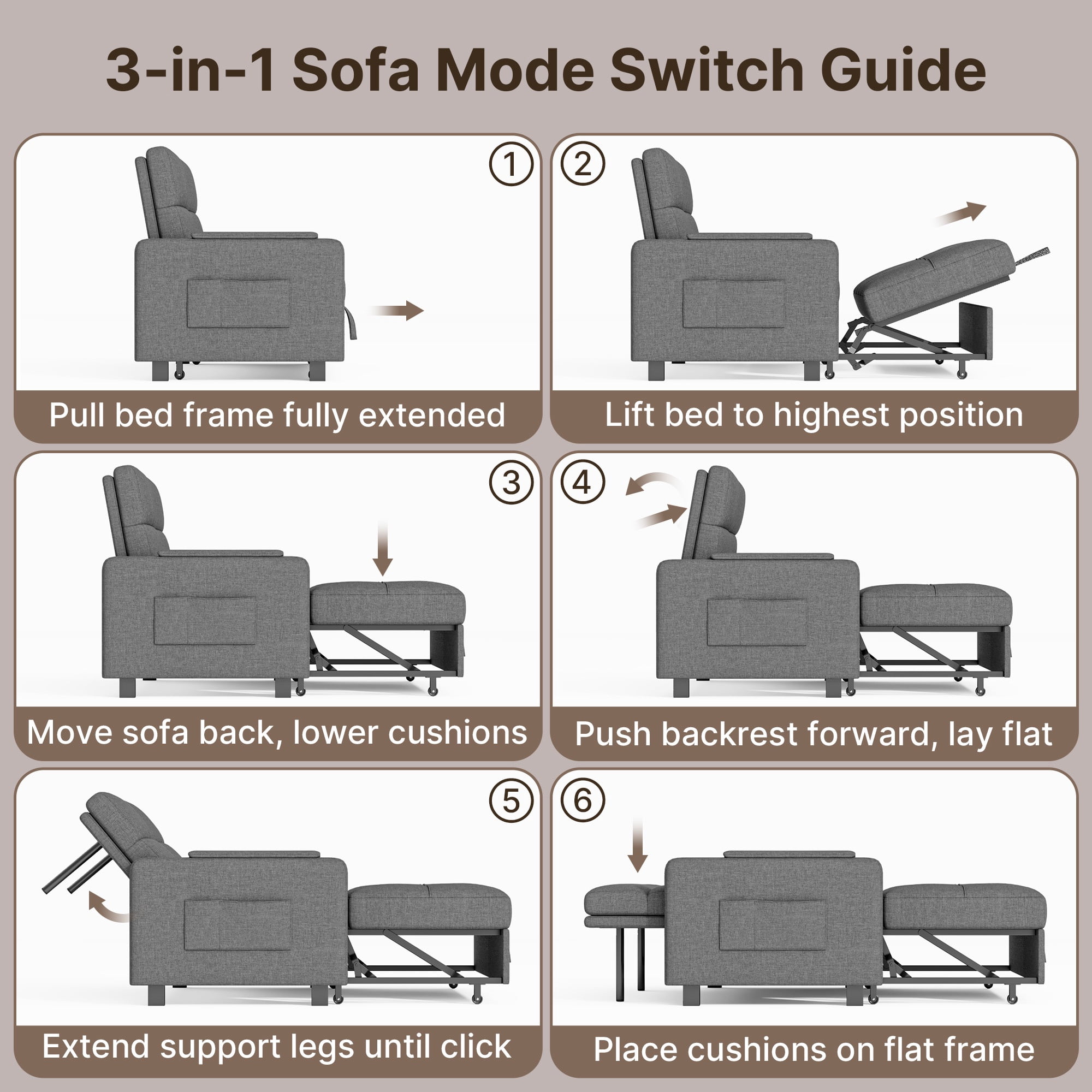 50" Sofa Bed, Lofka 3 in 1 Convertible Sleeper Loveseat, Pull Out Couches with Adjustable Backrest for Living Room Apartment, Linen, Dark Gray