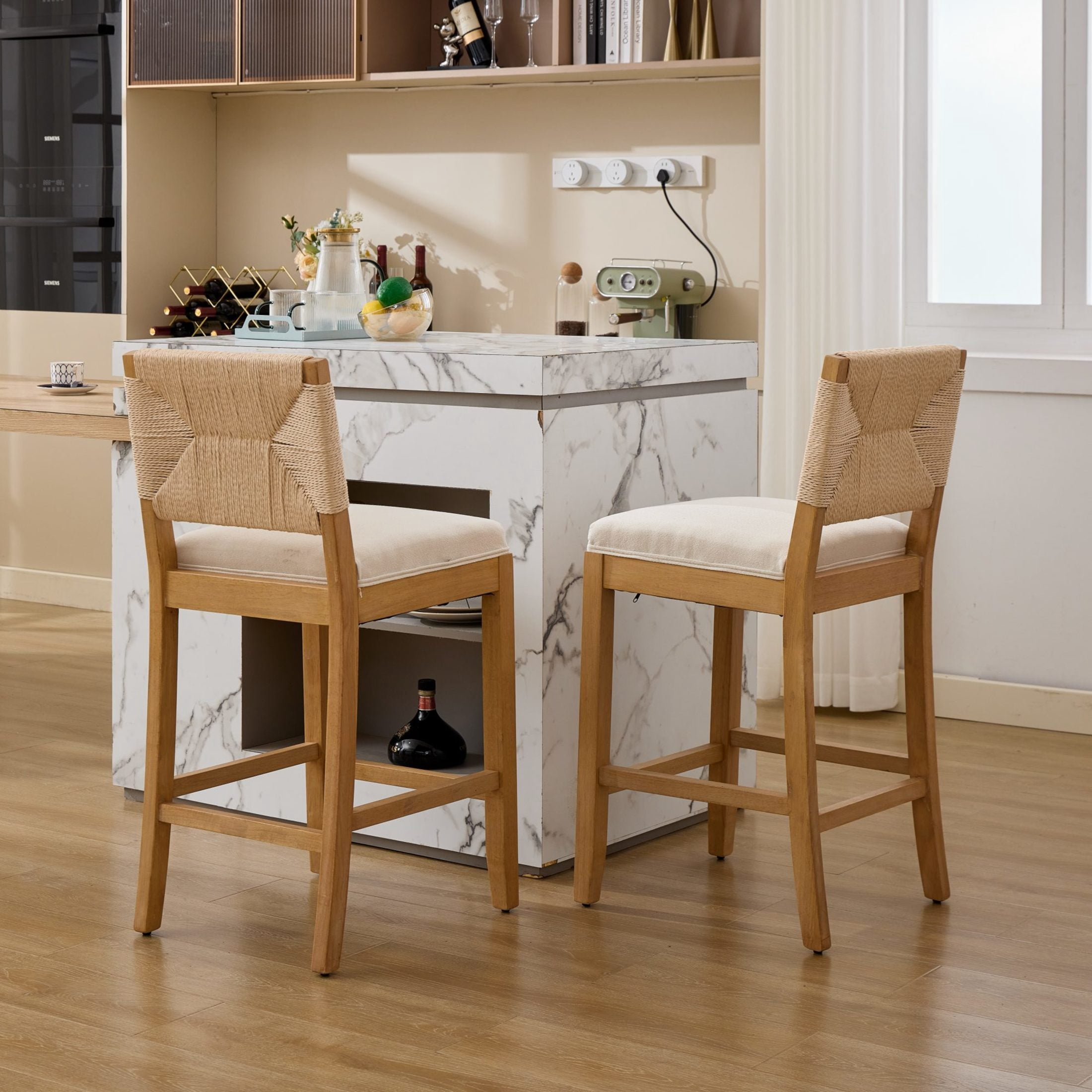 GDF Studio 38.6" Counter Height Bar Stools Set of 2 with Hand-Woven Rattan Back, Linen Upholstery, Beige