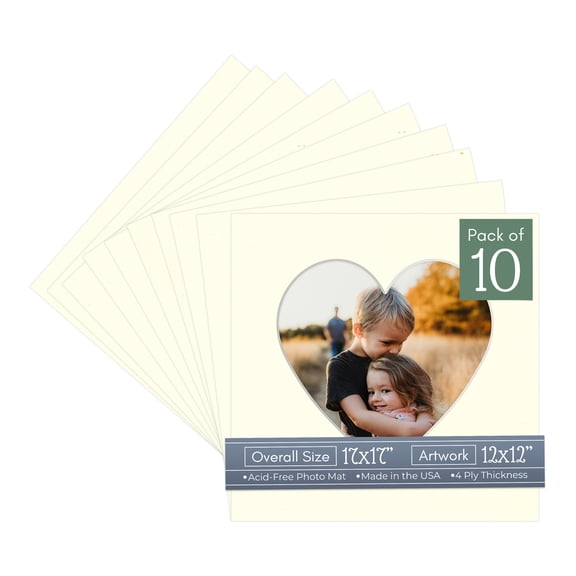 Cream Linen Picture Frame Mat for 17x17 Frames - Heart Opening for 12x12 Photos - 10 Mats