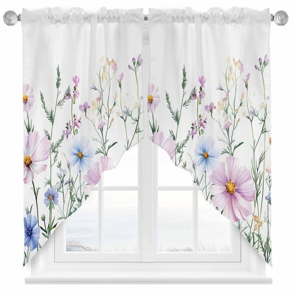 Farmhouse Watercolor Swag Valances for Windows 2 Pack Wildflowers Plants Retro Pastoral Swag Kitchen Curtains 36 Inches Long Rod Pocket Short Window Treatment for Kitchen Bathroom 28"x36"