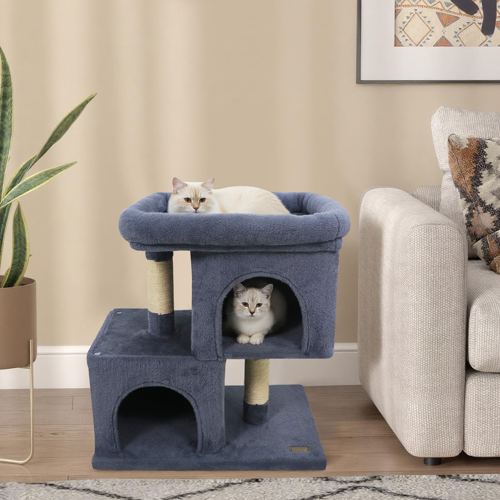 Gymax 25.5'' Cat Tree w/2 Large Condo Padded Top Perch Sisal Scratching Posts for Cats Grey