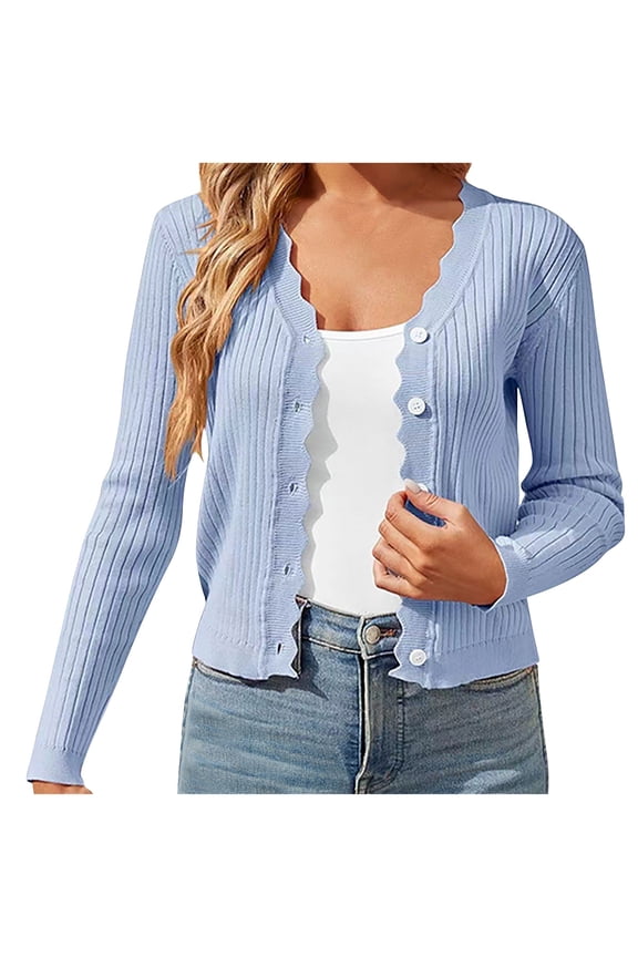 Womens Duster Cardigan Summer Casual V Neck Button Down Cropped Cardigans Soft Ribbed Knit Shrugs for Dresses Tops Light Blue,M