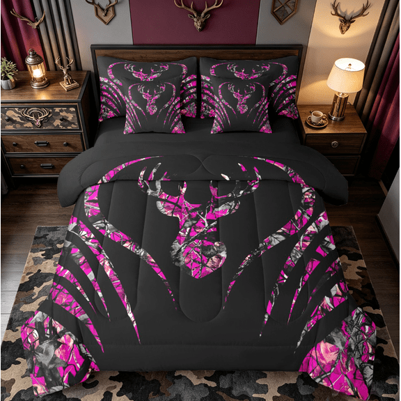 Manfei Wild Deer Silhouette 7-Piece Twin Bedding Sets,Jungle Animal Bedding Comforter Set,Pink Black Sheet Sets For Boys Girls,Breathable Home Decor Reversible
