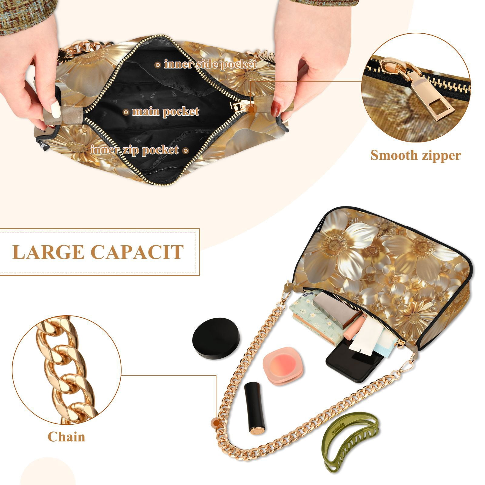 3d Gold FlowersWomen Small Shoulder Bag Crossbody Tote Hobo Bags Purse Clutch Handbags with Chain Strap for Women