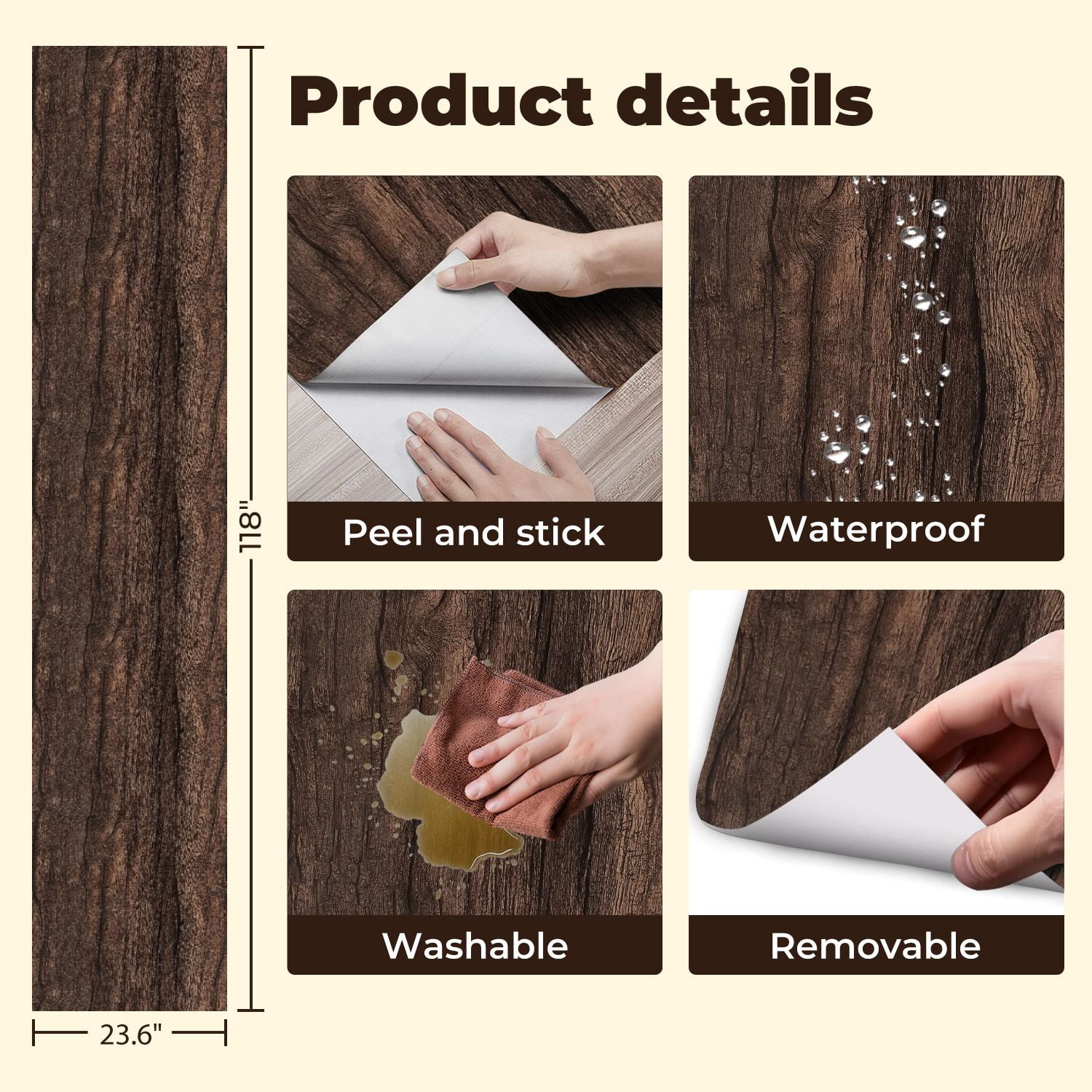 Peel and Stick Wallpaper 23.6in x 9.8ft Dark Brown Natural Wood Grain Texture Deep Lines Rustic Contact Paper Vinyl Waterproof Self Adhesive Wall Paper for Shelf Cabinet Hunting Cabin