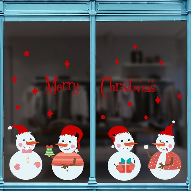 Pegatina Fondo de cristal de ventana de Navidad de cuatro pequeños muñecos de nieve