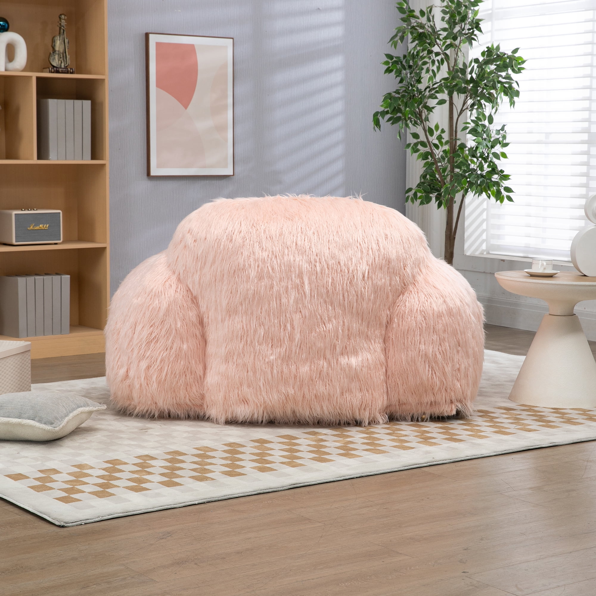 Large Comfy Faux Fur Bean Bag Chair, Modern Soft Fluffy Plush Chair Lazy Sofa with Footrest, Armrests and High Density Foam Padded for Adult, Teen, Pink