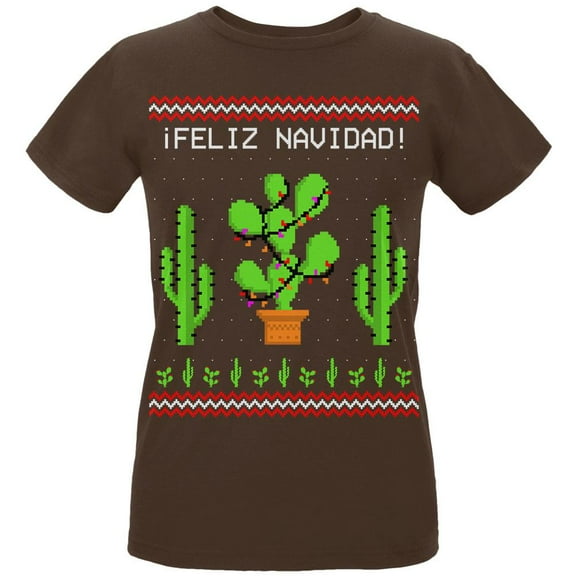 Cactus Desert Feliz Navidad Ugly Christmas Sweater Womens Organic T Shirt Chocolate MD