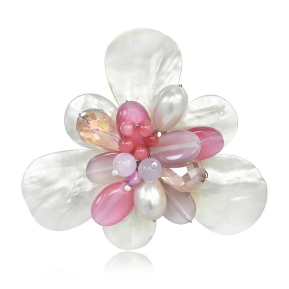 Sweet Pink White Floral Shell Cluster of Sparkling Crystals Pearls Brooch or Pin
