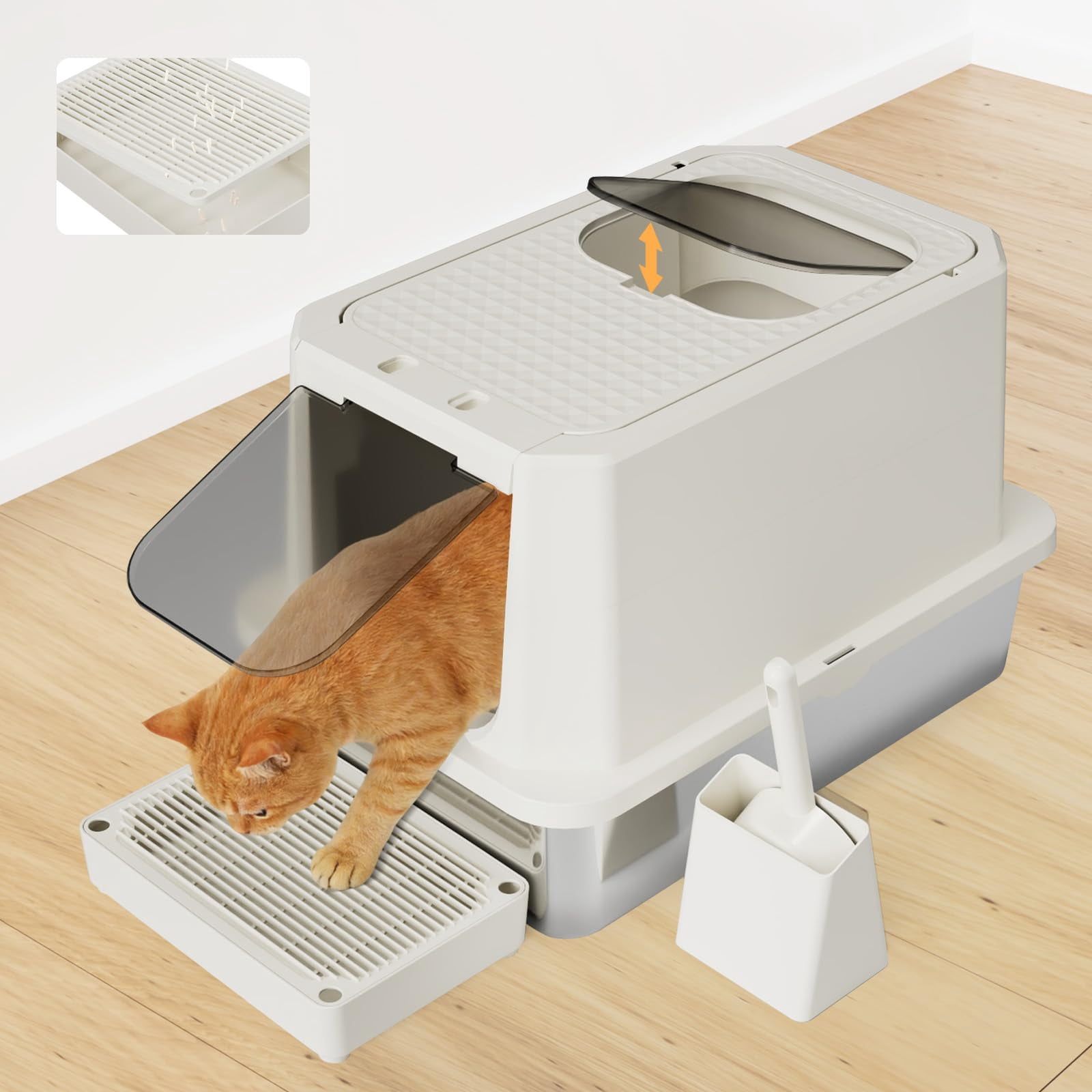 Stainless Steel Cat Box: Beige Leak-proof Large Enclosed Litter Pan Indoor Odorless Tray For Multiple Cats - Teflon Non-stick Coating Under 20 Lbs Ideal Laundry Room Balcony