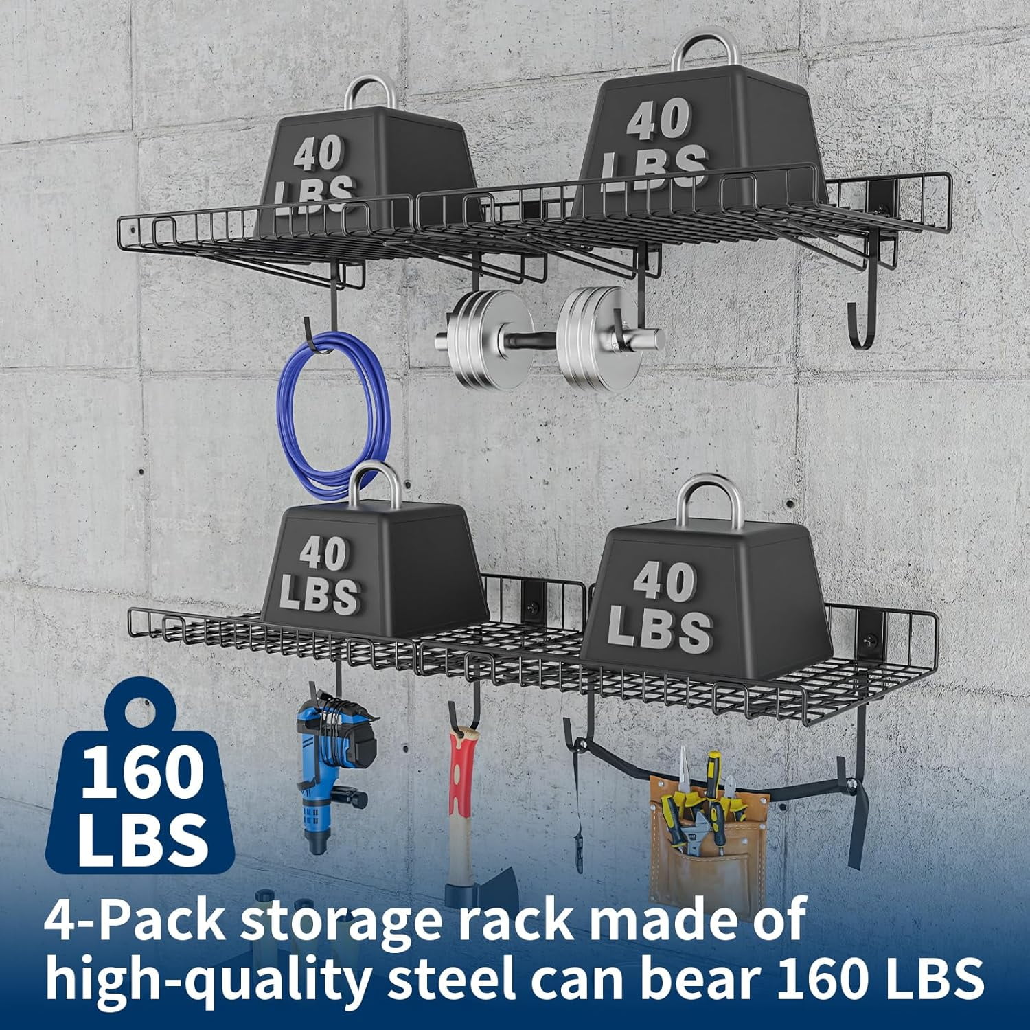4 Pack Garage Wall Shelf, Wall Mounted Storage Shelves, Heavy Duty Metal Shelves for Room Wall, Loads 160 LBS Floating Shelves Mesh Storage Rack for Garage, Office, Basement,Wall Cabinet and Kitchen
