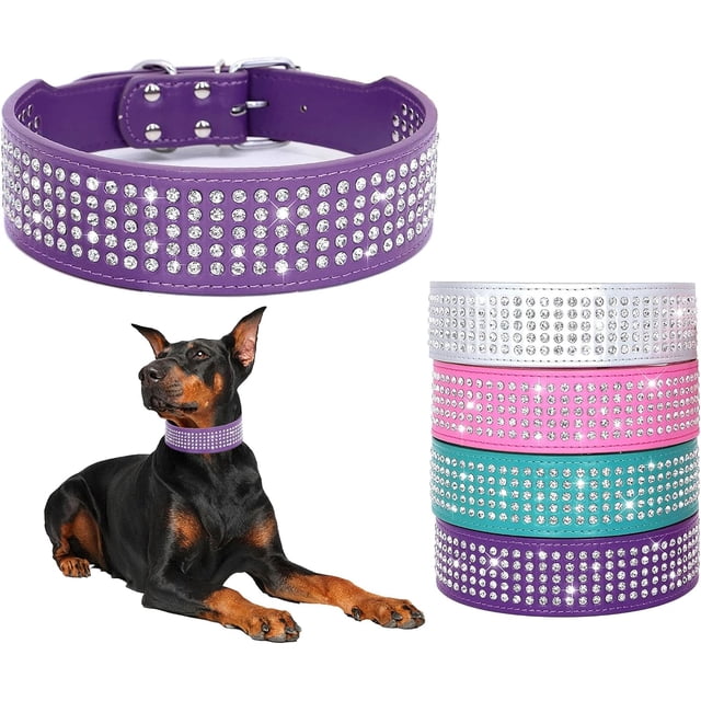 1Pack Rhinestones Dog Collars-2" Wide Crystal Diamonds Studded PU Leather 5 Rows Sparkly Crystal Studded Collar for Medium and Large Dog