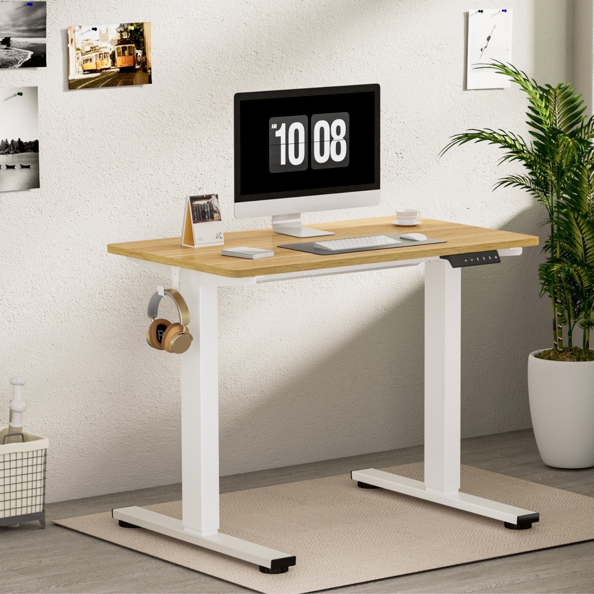 FitStand Adjustable Standing Desk 40"x24", One-Piece Desktop Electric Sit Stand Desk with 176lbs Load, 4 Memory Heights & 2 Hooks for Home Office, Maple