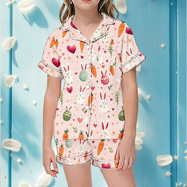 WEAIXIMIUNG Ensemble de Pyjama Deux Pièces à Manches Courtes et Shorts pour Filles avec Imprimé de Pâques 130