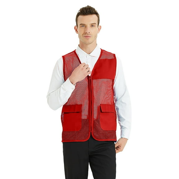 Toptie Adult Mesh Vest Zipper Supermarket Team Volunteer Uniform Vest - Red