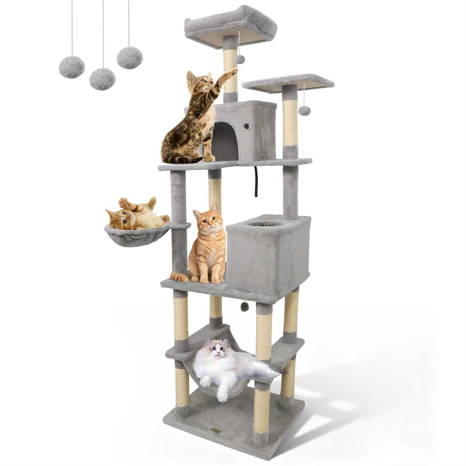 Demi Bonn 80" Tall Cat Tree, 2 Large Condos & Dangling Toys, Hammock & Sisal Scratching Posts, Light Gray