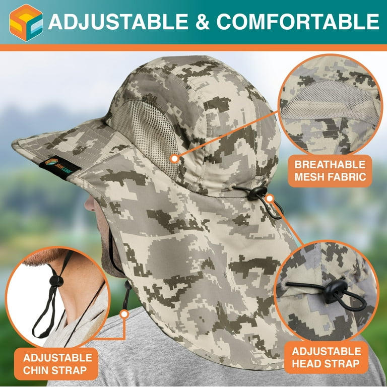 Sun Cube Wide Brim Sun Hat with Neck Flap, Fishing Hiking for Men Women Safari, Neck Cover for Outdoor Sun Protection UPF50+ | Camo Gray