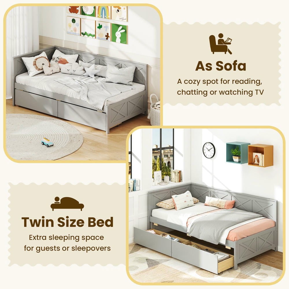 Barara King Twin Size Bedroom Trundle Bed Frame with 2 Storage Drawers and No Box Spring Needed, Bed Platform Frame for Bedroom, Apartment, Gray