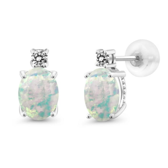 Gem Stone King 2.23 Cttw 14K White Gold Simulated White Opal and White Diamond Earrings for Women | Gemstone October Birthstone | Oval Cabochon 8X6MM and Round 2.5MM