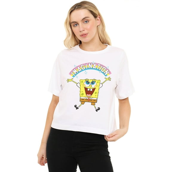 Spongebob Imagination Rainbow Women's Boxy Cropped T-Shirt Casual Graphic Tee