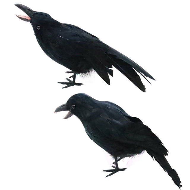 xihbxyly decoración de cuervo emplumado, accesorio realista de halloween: dos cuervos simulados multicolor (principalmente negro) en vista lateral con picos entreabiertos, plumas sintéticas texturizadas y patas articuladas sobre fondo blanco; acento espeluznante para decoración de Halloween y fiestas, también adecuado para mesas temáticas.