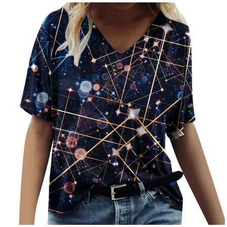 

Summer Blousees for Women 2023 Women s Casual Round-Neck Printed T-Shirt Loose Short Sleeve Tops Blouse Corset Tops for Women Navy XXL