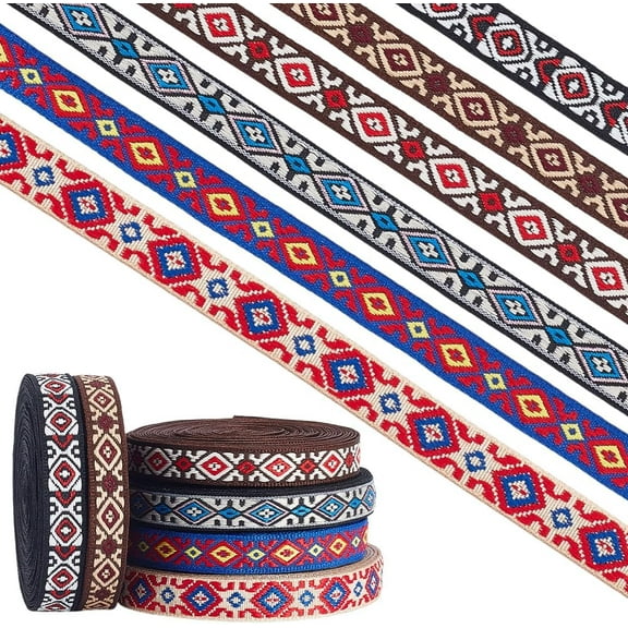 30 Yards Embroidered Ribbon 6 Colors Rhombus Ethnic Jacquard Polyester Ribbon 0.4 Inch Wide Vintage Sewing Woven Trim