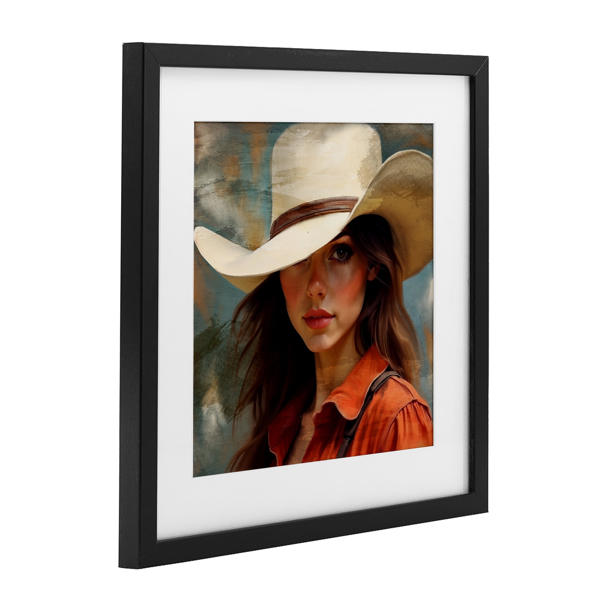 Cowgirl Gaze Beneath Hat Black Framed Print Under Glass, design by Kim Allen