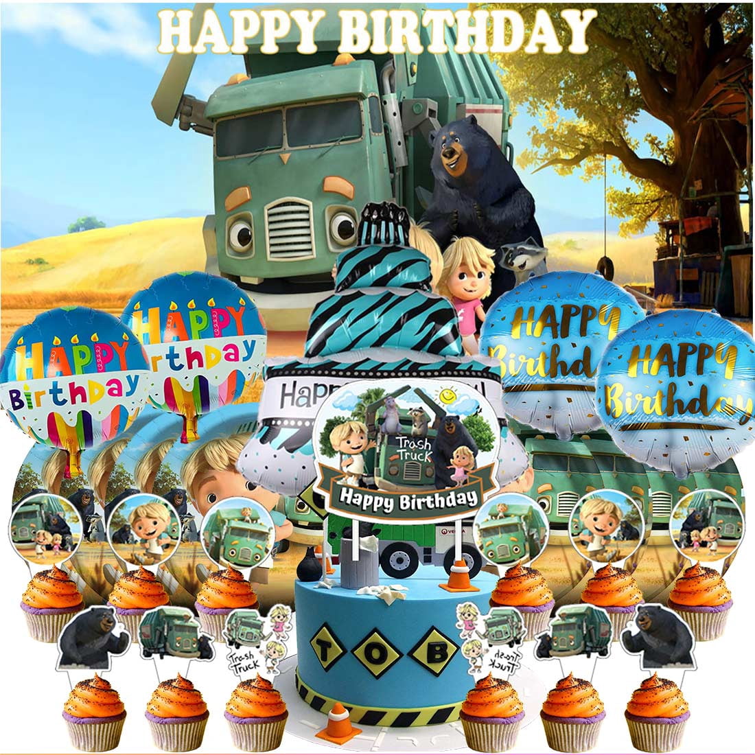 Trash Truck Birthday Party Decorations Kit - Includes Backdrop, Cake Topper, Plates, Cups, Balloons & More For Garbage Truck Theme - View #7