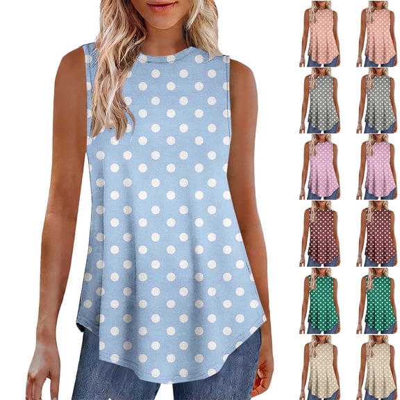 Inverlee Women's Casual Crewneck Tank Tops Summer Sleeveless Tunics Trendy Polka Dot Print Shirts