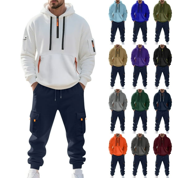 MLQIDK Mens Big and Tall 2 Piece Set Workout Gym Fleece Hoodie and Cargo Sweatpants Athletic Sweatsuits Winter Casual Tracksuits Jogging Sweat Suits Lounge Outfit Navy S