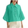 thumbnail image 2 of Neewe Womens Print Button Down Shirts Lapel V Neck 3/4 Sleeve Casual Blouses Summer Loose Fit Tops, 2 of 7
