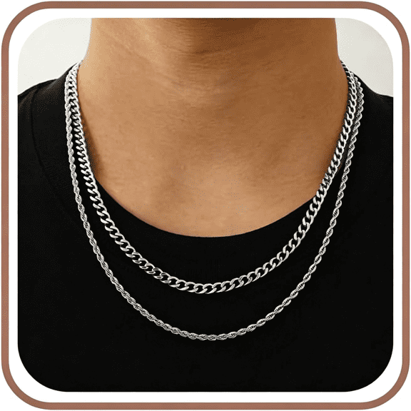DESIGNICE Layered Stainless Steel Chain Necklaces for Men Boys, 2Pcs Cuban Link/Rope/Herringbone Chains Jewelry Gifts, 16 "/18 ", 18 "/20 ", 20 "/22 ", 22 "/24 "
