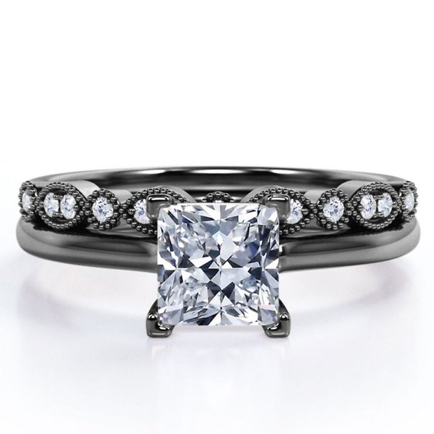 JeenMata Juego de 4 Puntas - Corte Princesa de 1,50 Quilates - Milgrain y Filigrana - Juego de Boda - Baño de Oro Negro de 18 K sobre Plata (Personaliza la Banda de Tu Anillo de Boda)