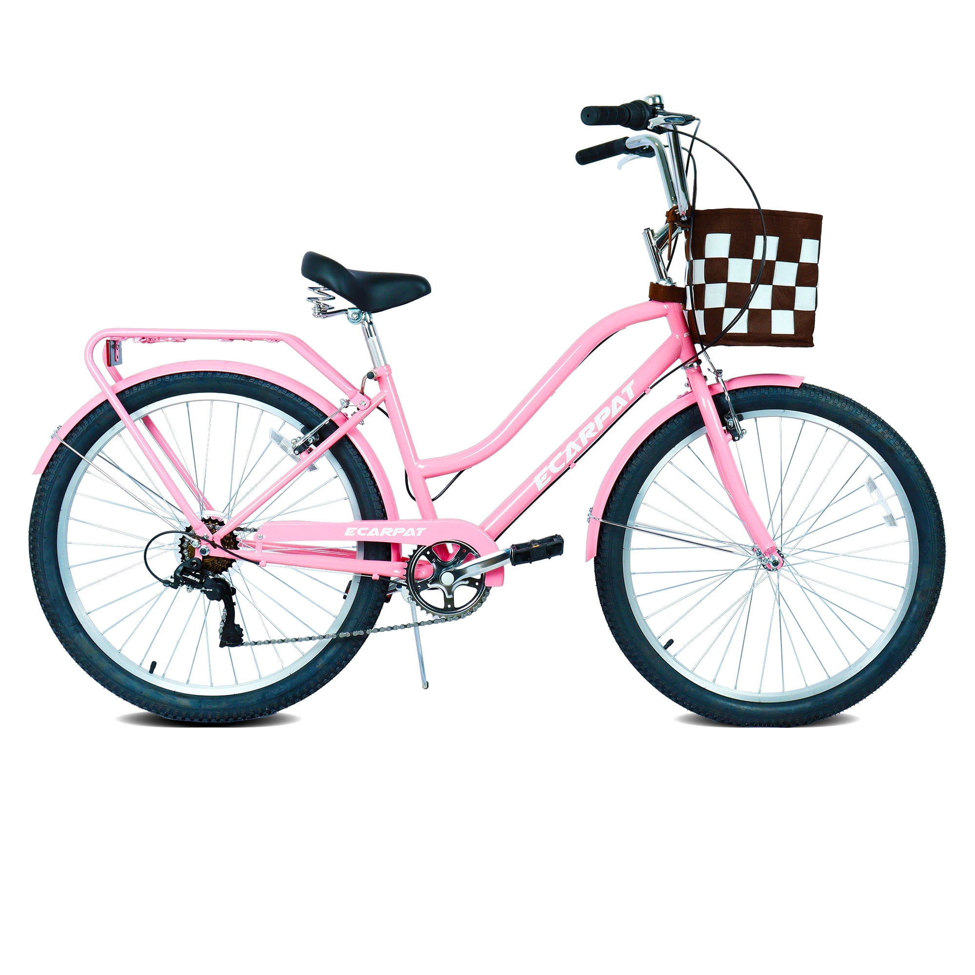 Raistyw 26" Women’s Cruiser Bikes, 7-Speed Lightweight City Commuter Bicycle with V-Brakes and Detachable Basket, Fits Ages 15+ Years Old, Pink
