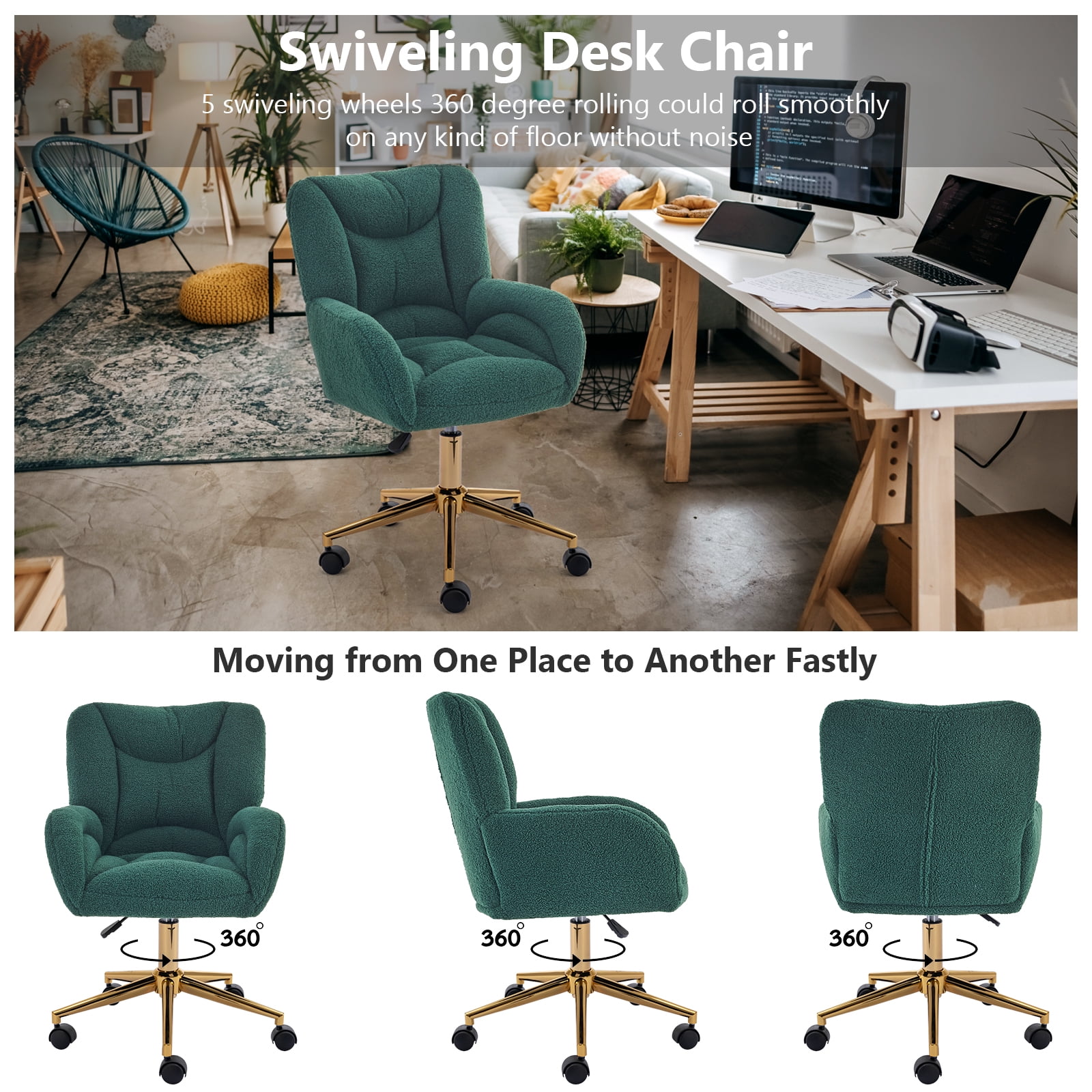 Desk Chair with Wheels and Arms Velvet Comfortable Desk Chair for Home Office Height Adjustable Vanity Chair Modern Task Chair Computer Desk Chair Green