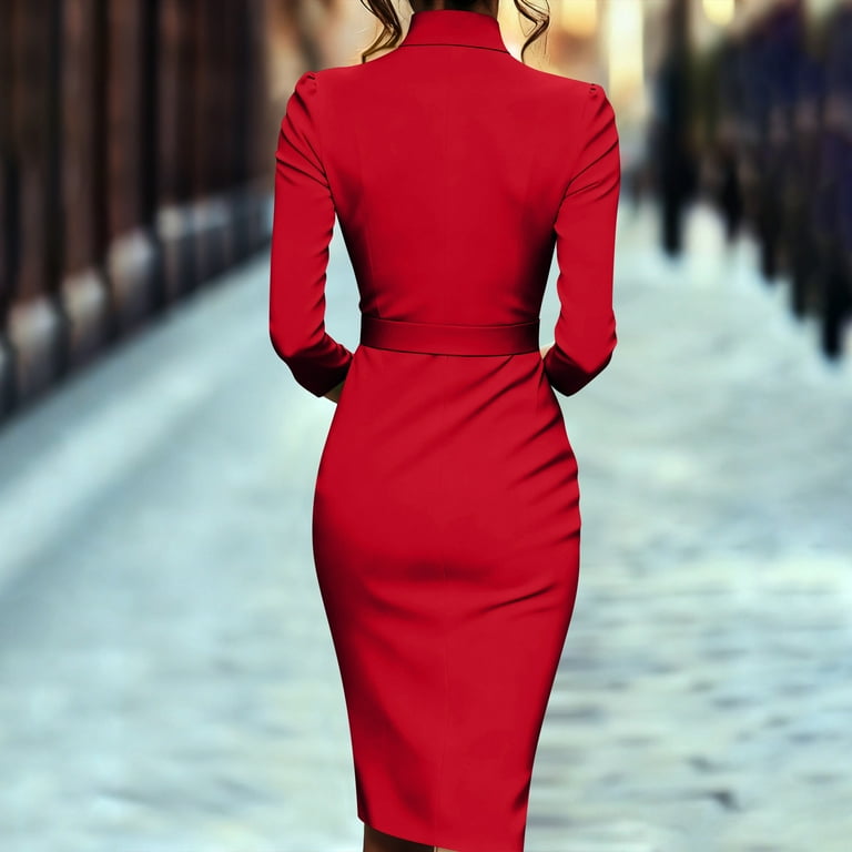 ladies smart dresses with sleeves ZIFang Women's Sheath Dresses with Belt, Long Sleeve Elegant Bodycon Pencil Dress for Work Office Wrap V Neck Formal Knee Length Business Dresses with