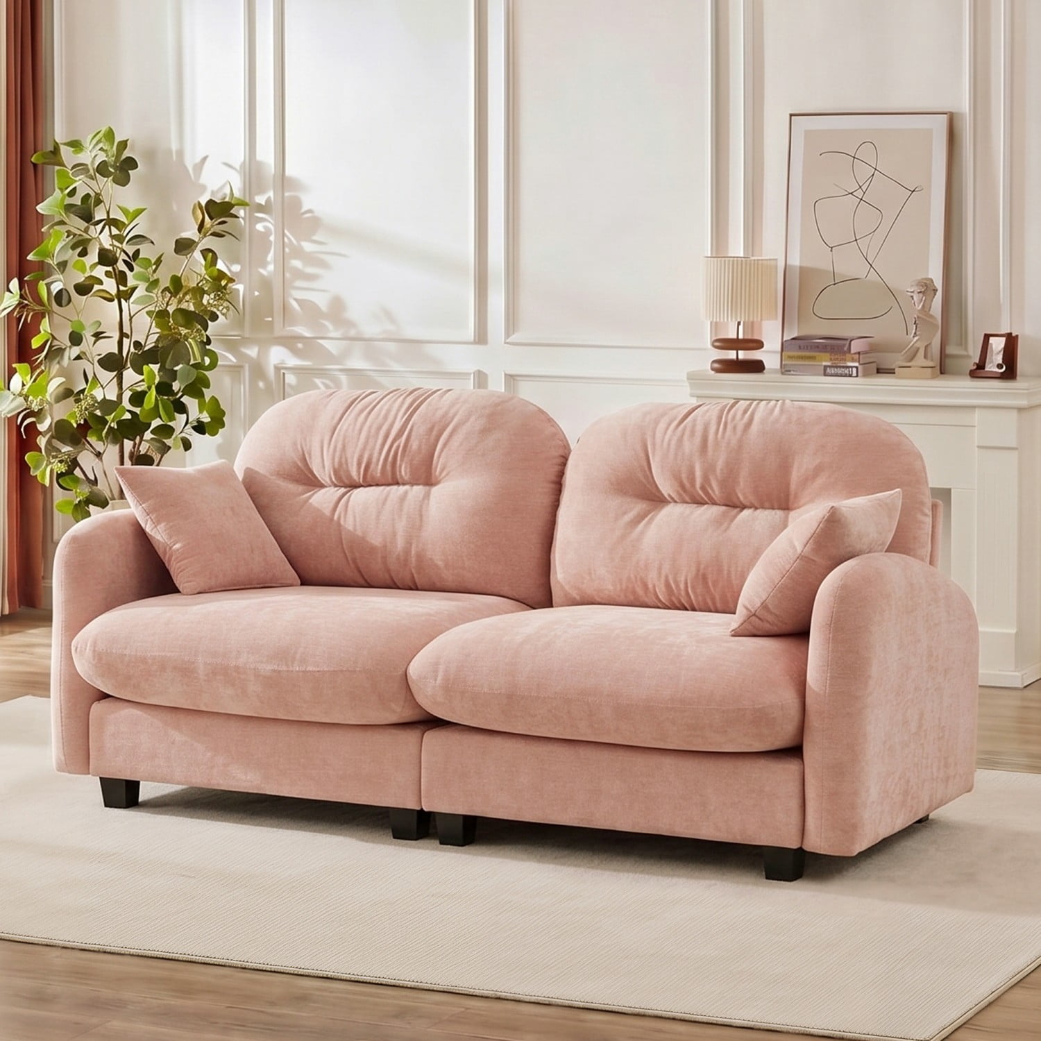 Modular Sectional Sofa Cloud Couch Loveseat Chenille Fabric Tufted Sofa Ergonomic 2-Seater Couch with Wooden Base for Living Room, Apartment, Pink