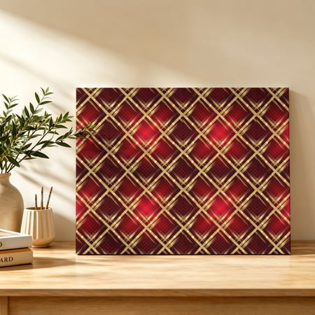 Gold Diamond‑Grid Red Canvas Wall Art Festive Glitter Rhombus Wall Art Prints Artwork Framed Canvas Ready to Hang Art Pictures for Dining Room Bedroom Study Lounge Nook 18 x 12