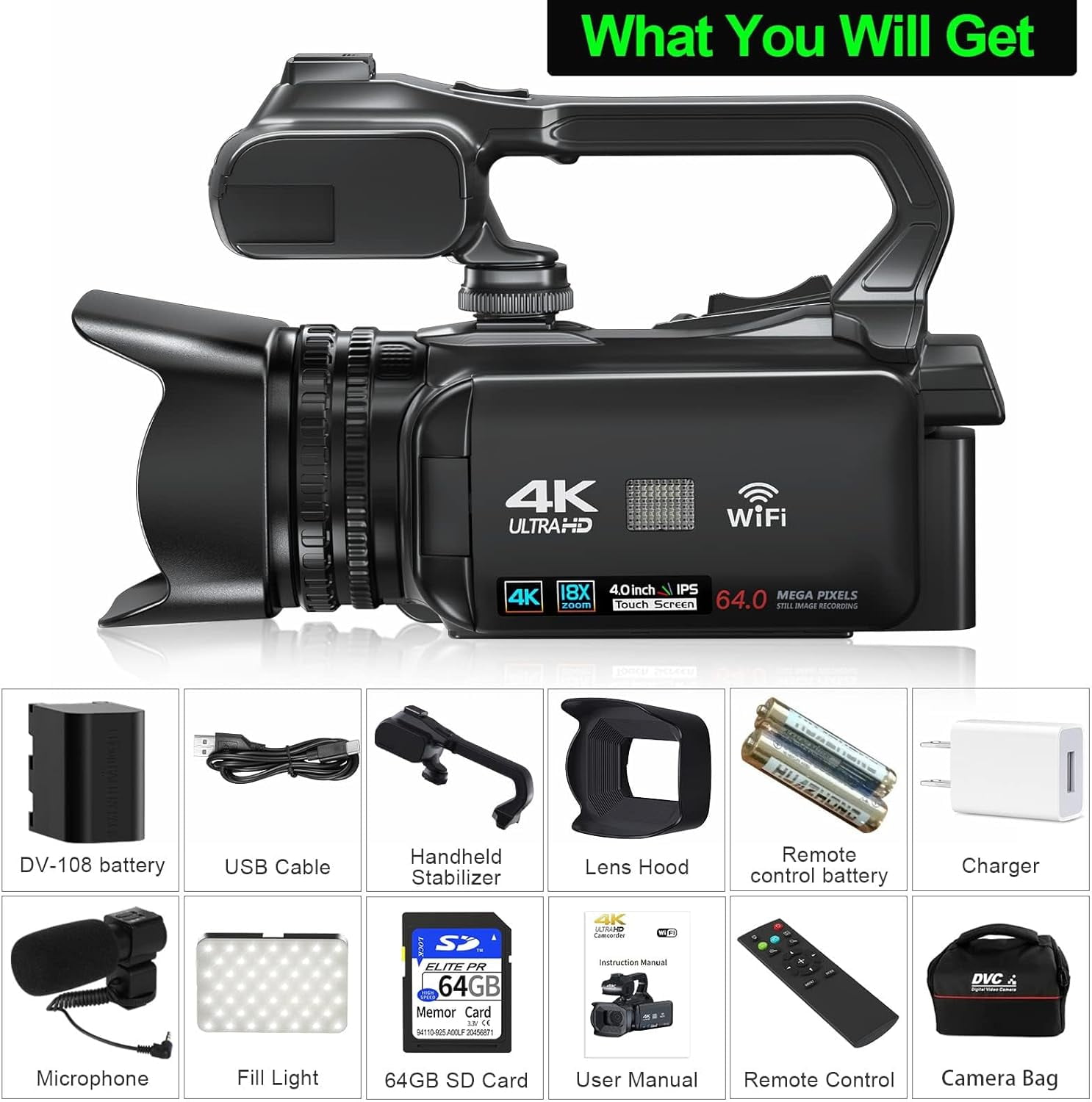 Acuvar 6K Video Camera Camcorder, 64MP 60FPS Vlogging Camera for YouTube, 4.0 Inch Touchscreen Video Recorder, HD WiFi Video Camera with 4500mAh Battery, 64G SD Card, Stabilizer, Mic, 100 LED Light