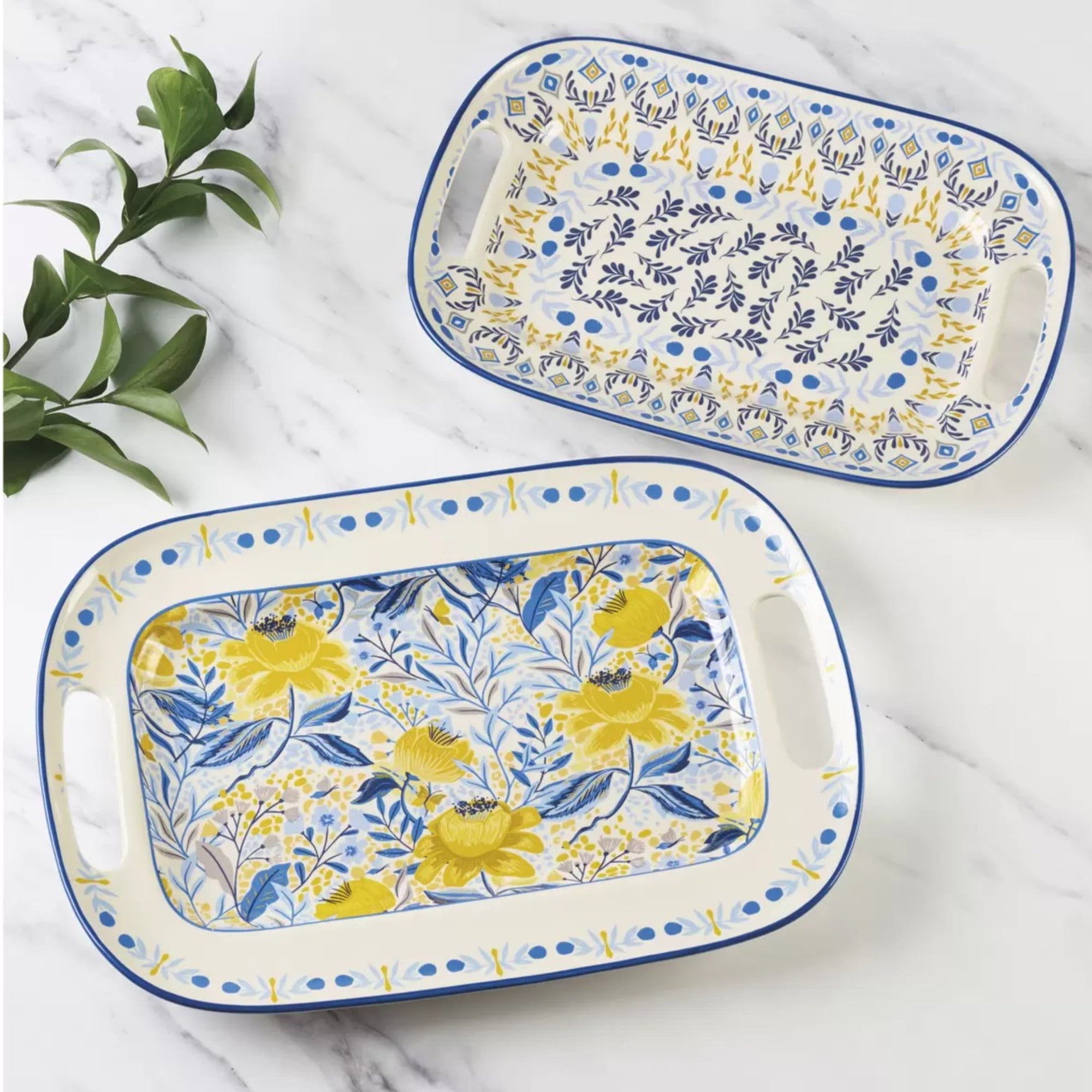 Fitz & Floyd Madeline 15" Serving Platter with Handles | Blue and Gold Floral Patterns | Crafted from Stoneware | Essential Kitchen Decor - Ideal for Serving Fruit, Deviled Egg, and Snacks