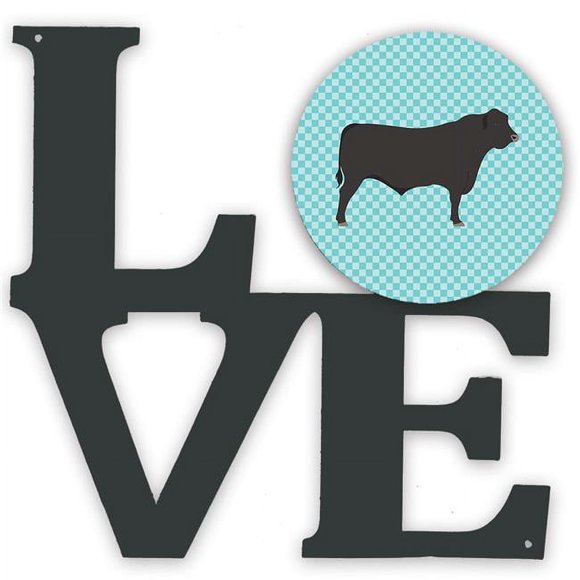 Carolines Treasures BB8002WALV 11.5 x 11.75 in. Black Angus Cow Blue Check Metal Artwork Love Wall Decor
