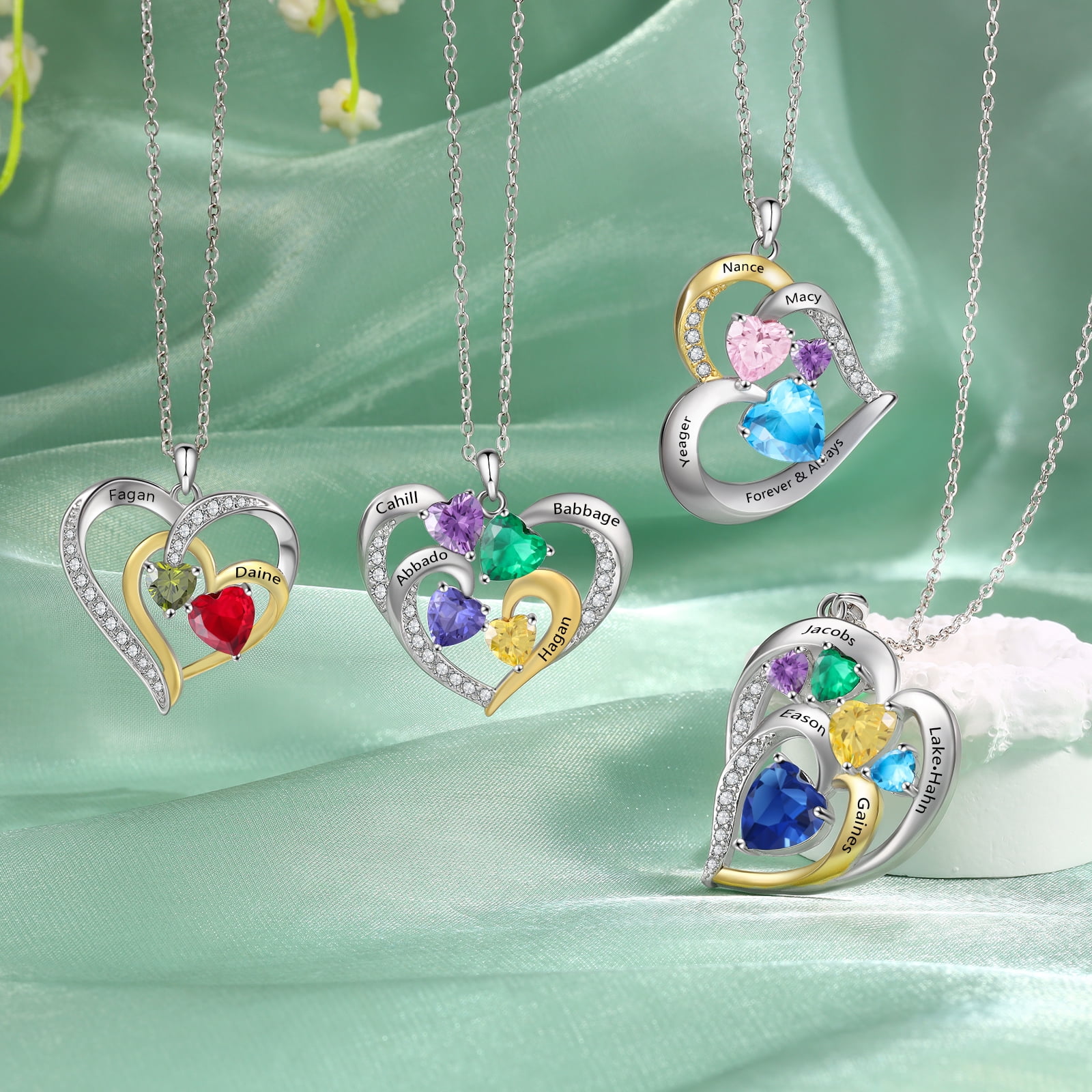 Mementos Personalized Sterling Silver Family Women's Necklace with 2 Birthstones and Names