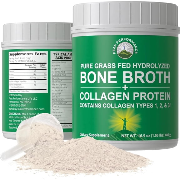 Peak Performance Hydrolyzed Bone Broth and Collagen Unflavored Protein Peptides Powder Contains All Collagen Types: 1, 2, and 3. Pure Pasture, Raised Grass Fed, Paleo Friendly, Gluten   Dairy Free