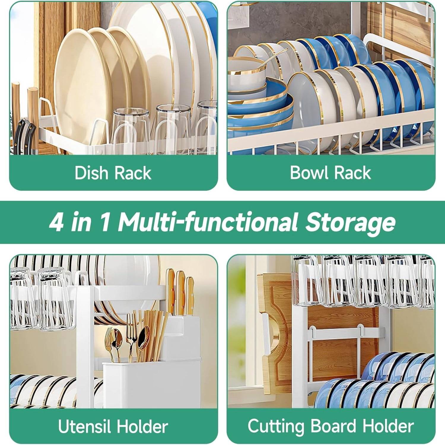 Complete Dish Drying Rack Set: Adjustable Rust-Proof Drainer with Removable Cutlery Caddy & Swivel Spout | White Countertop Space-Saving Organizer for Kitchen