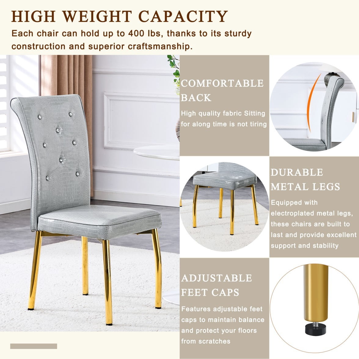 Set of 4 Vintage Dining Chairs, Gray Faux Alligator-Textured PVC Leather Upholstered Chairs with Crystal Button Details & Gold Metal Legs, 400 LBS, Gray & Gold