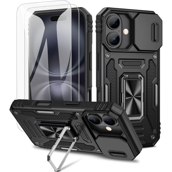 MYKOMI for iPhone 16 Case, with Slide Camera Cover & Built-in Rotating Kickstand Ring & 2 Pack Glass Screen Protector Stand Phone Case for iPhone 16 6.1 inch